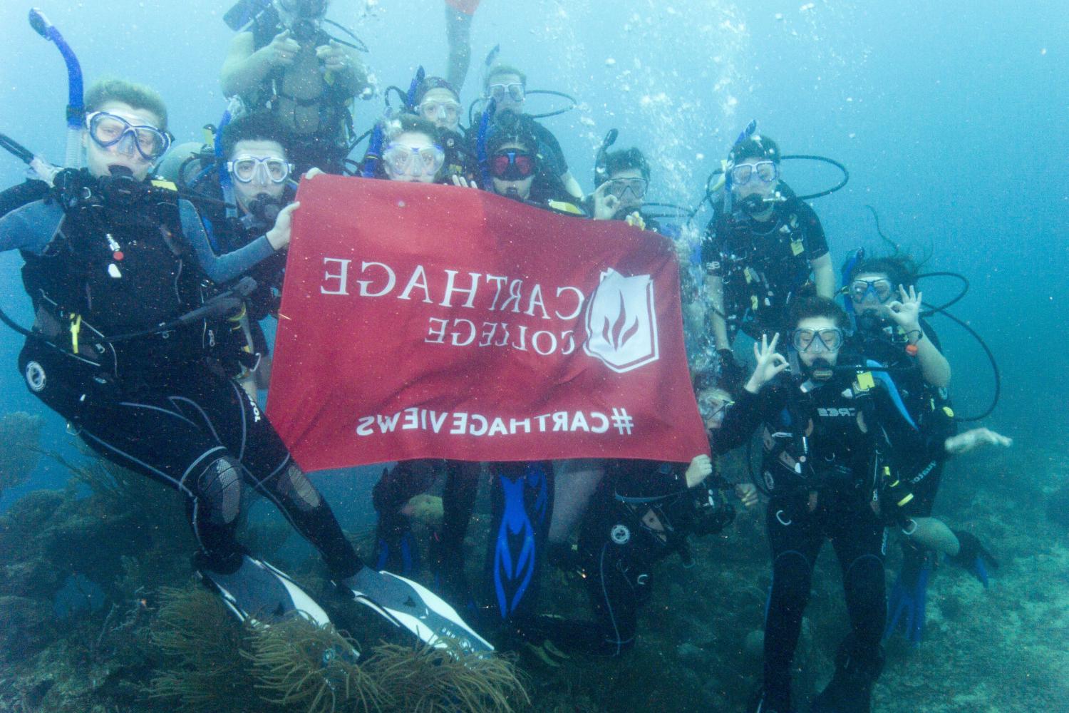 学生们手持<a href='http://rbap.ngskmc-eis.net'>bv伟德ios下载</a>旗帜，在j学期洪都拉斯游学之旅中潜水.